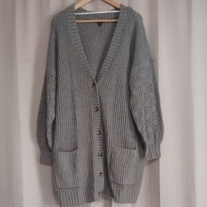 Torrid Boyfriend Cardigan Gray, Pointelle Sleeves, Pockets, Button Front